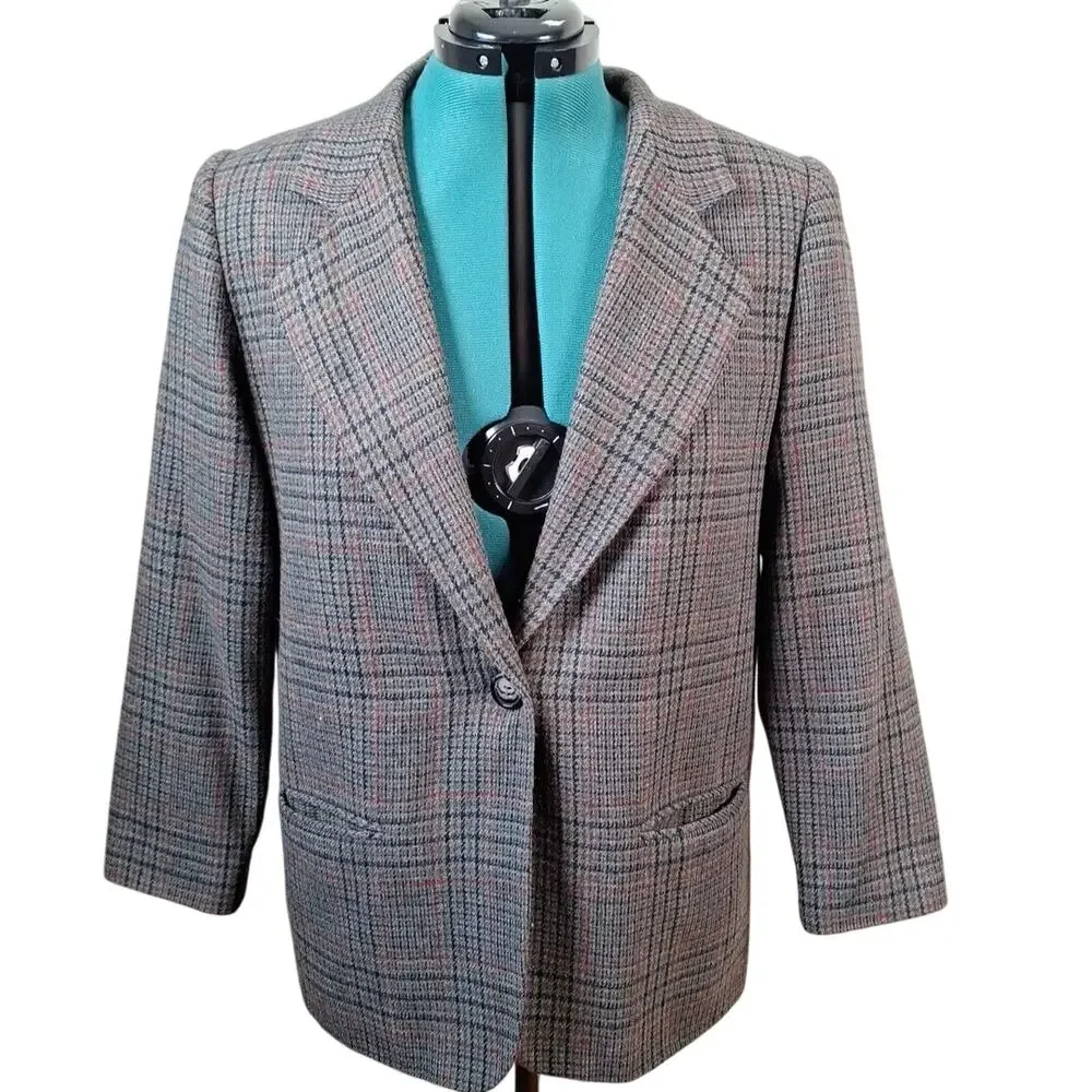 Vintage Sag Harbor Gray Green Plaid Wool Blnd Blazer Women Size 14P Petite - Picture 1 of 9
